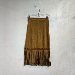 Yagi USA Tan Faux Suede Fringe Midi Skirt Sz M